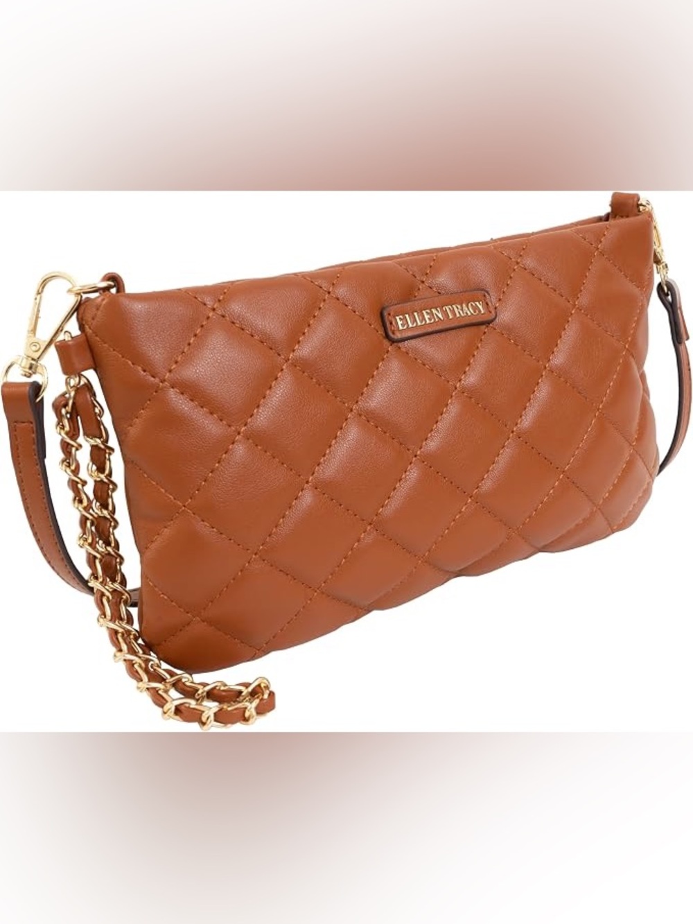 Ellen Tracy Quilted Cognac Leather Wristlet: Crossbody with Gold Chain NWT